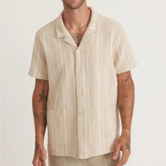 Marine Layer Natural Vertical Stripe Short Sleeve Woven Camp Shirt Mens M NEW - Picture 1 of 6